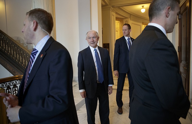 
              Attorney General-designate Sen. Jeff Sessions, R-Ala. leaves his office on Capitol Hill in Washington, Tuesday, Jan. 31, 2017, as the Senate Judiciary Committee prepares to advance his nomination.  (AP Photo/J. Scott Applewhite)
            