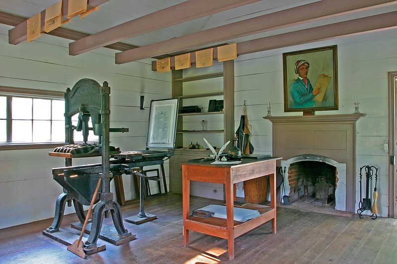 The print shop is one of 12 original and reconstructed buildings that may be toured at New Echota Historic Site in Chatsworth, Ga.