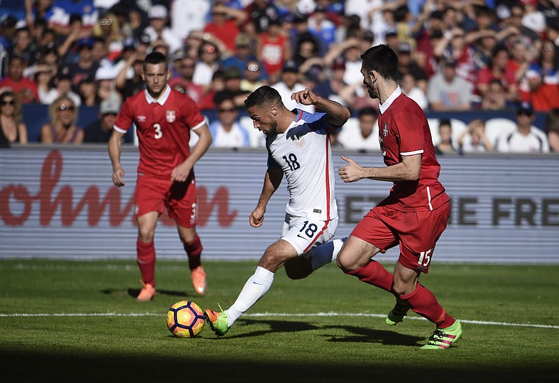 United States' Sebastian Lleget (18) plays during a friendly soccer match against Serbia Sunday, Jan. 29, 2017 in San Diego. (AP Photo/Denis Poroy)