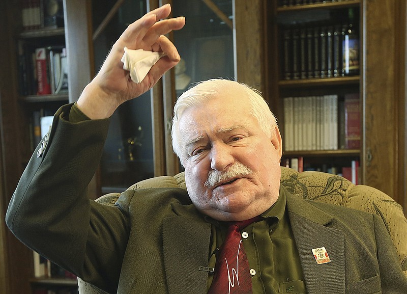 
              FILE - In this file photo taken in Gdansk, Poland, April 6, 2016, Poland's former president and legendary Solidarity freedom movement founder Lech Walesa acts with expression as he repeats his denials to allegations that he collaborated with the communist regime and talks about the "crisis of democracy" during an interview with The Associated Press at his new office at the European Solidarity Center in Gdansk. (AP Photo/Czarek Sokolowski, file)
            