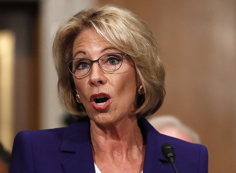 
              FILE - In this Jan. 17, 2017 file photo, Education Secretary-designate Betsy DeVos testifies on Capitol Hill in Washington at her confirmation hearing before the Senate Health, Education, Labor and Pensions Committee. DeVos bid to become education secretary could be in trouble. Two Republican senators, Susan Collins of Maine and Lisa Murkowski of Alaska, announced their opposition to DeVos in speeches on the Senate floor Wednesday, Feb. 1, 2017. (AP Photo/Carolyn Kaster, File)
            