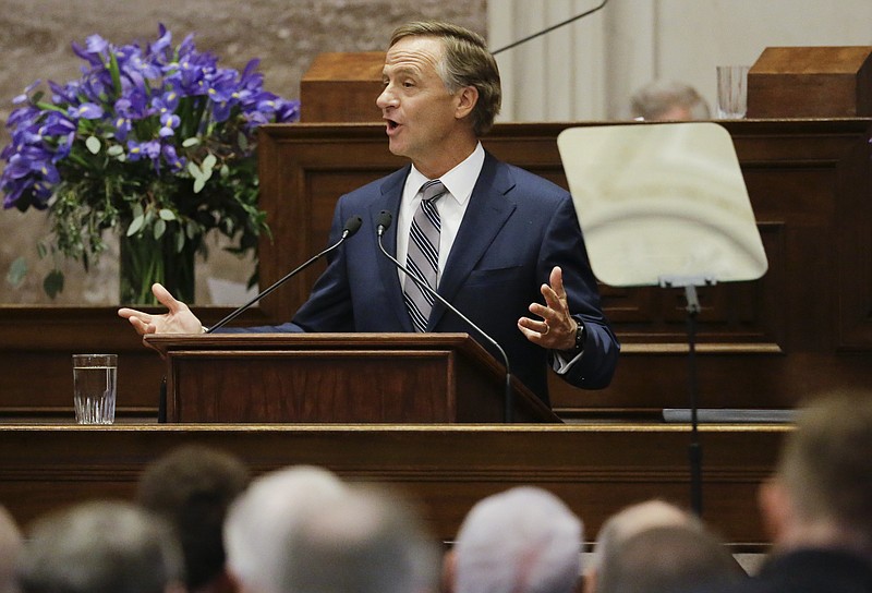 Gov. Bill Haslam gives his annual State of the State address to a joint convention of the Tennessee General Assembly, Monday, Jan. 30, 2017, in Nashville, Tenn. (AP Photo/Mark Humphrey)