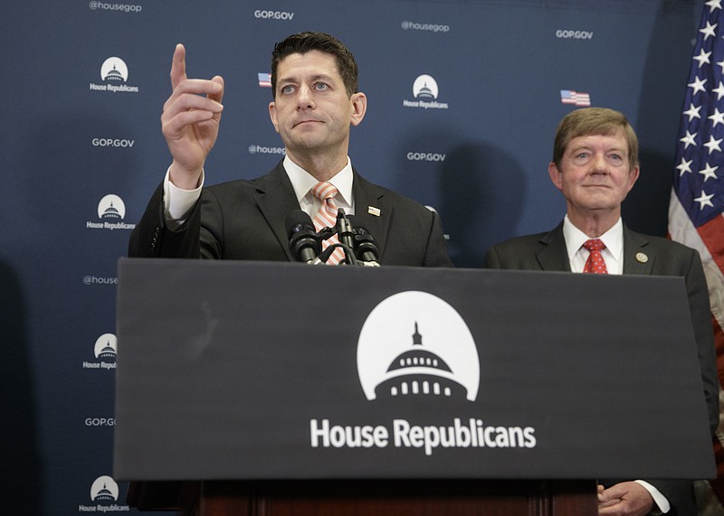 
              House Speaker Paul Ryan of Wis., joined by Rep. Scott Tipton, R-Colo., meets with reporters on Capitol Hill in Washington, Tuesday, Jan. 31, 2017, following GOP strategy session. Ryan gave a strong defense of President Donald Trump's refugee and immigration ban to caucus members and said he backs the order, which has created chaos and confusion worldwide. (AP Photo/J. Scott Applewhite)
            