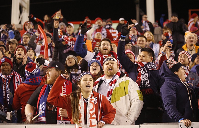 Fans cheer as USA takes the field for the United States men's national soccer team's exhibition match against Jamaica at Finley Stadium on Friday, Feb. 3, 2017, in Chattanooga, Tenn.
