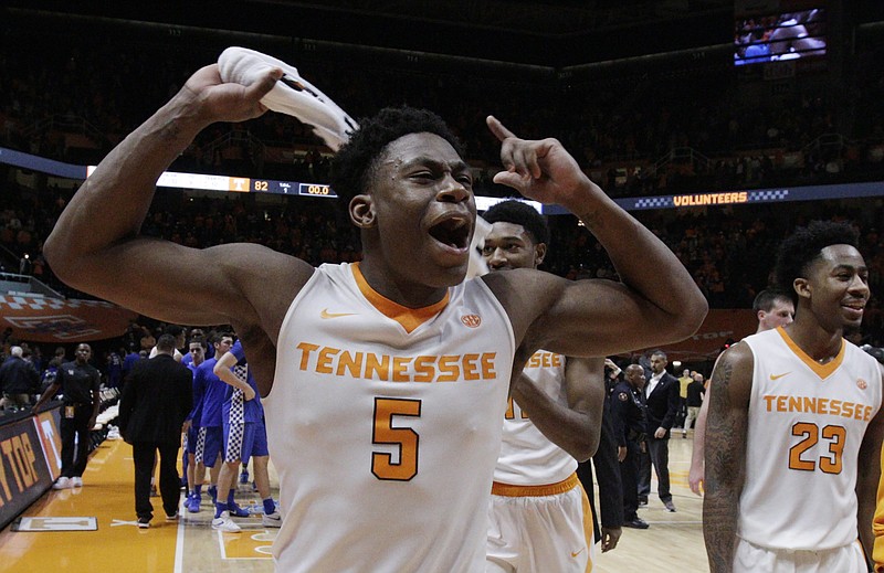 Tennessee forward Admiral Schofield (5) celebrates after the Vols' 82-80 win over Kentucky on Jan. 24 in Knoxville.