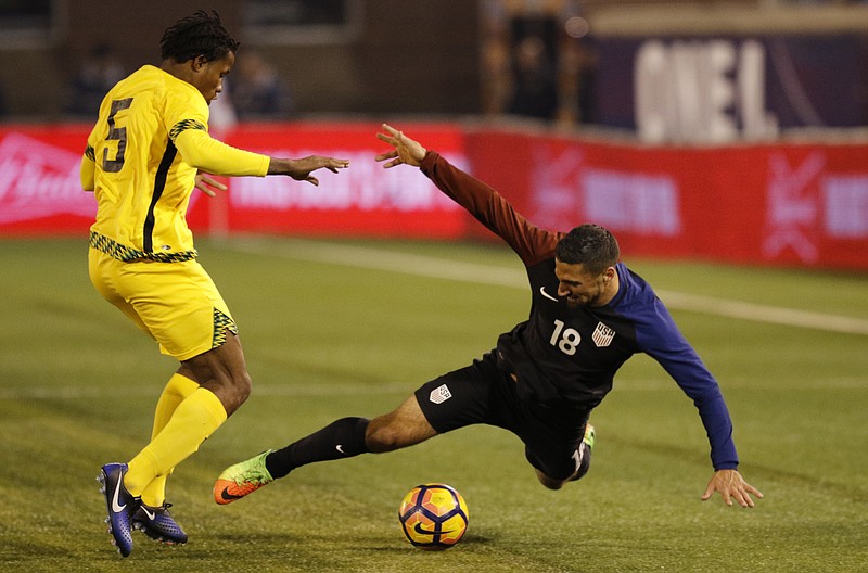 U.S. midfielder Sebastian Lletget (18) and Jamaica defender Alvas Powell compete for the ball during Friday night's friendly at Finley Stadium. The venue will host another soccer exhibition match this Saturday afternoon when Chattanooga FC faces Atlanta United FC.