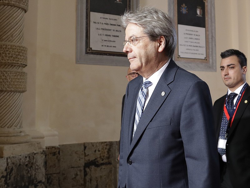 
              Italian Prime Minister Paolo Gentiloni arrives for an EU summit, in Valletta, Malta, Friday, Feb. 3, 2017. (AP Photo/Gregorio Borgia)
            