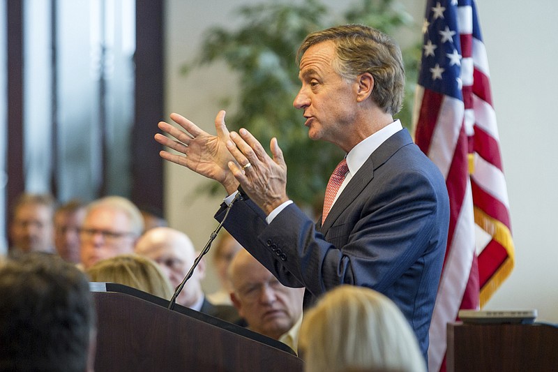 
              Gov. Bill Haslam speaks to a Republican gathering in Nashville, Tenn., on Monday, Feb. 6, 2017. Haslam announced that Tennessee has been sued for a new rule requiring major out-of-state online retailers to collect sales taxes on items purchased in the state. (AP Photo/Erik Schelzig)
            