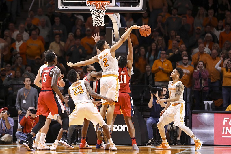 Tennessee forward Grant Williams blocks a shot during Wednesday night's home win against Ole Miss.