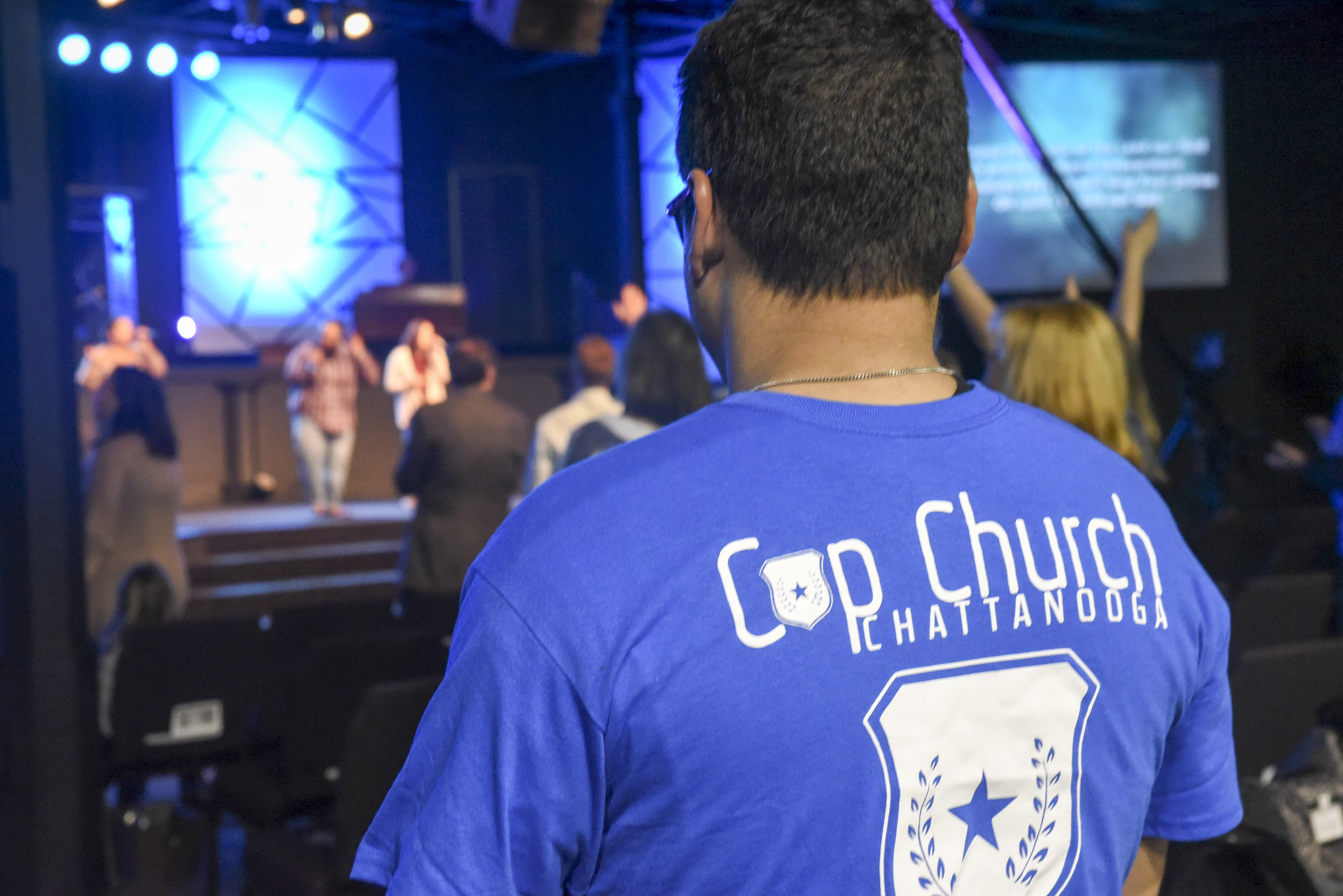 Cop Church meets on the first and third Tuesday nights of each month at Metro Tabernacle. An informal snack dinner begins about 6 p.m., then the service opens with contemporary Christian music before the message is delivered.
