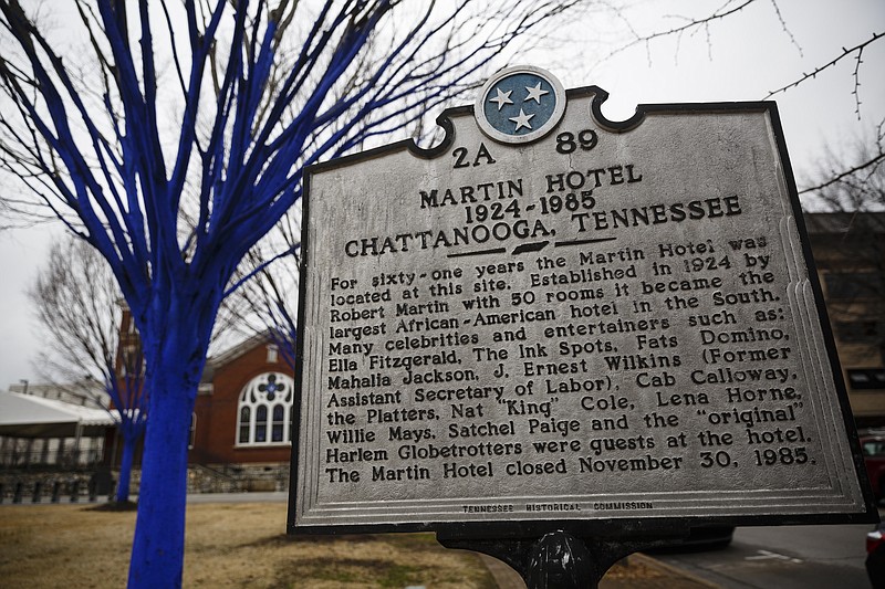 The historical marker for the Martin Hotel is seen in front of Bessie Smith Hall on Martin Luther King, Jr., Boulevard on Wednesday, Feb. 8, 2017, in Chattanooga, Tenn.
