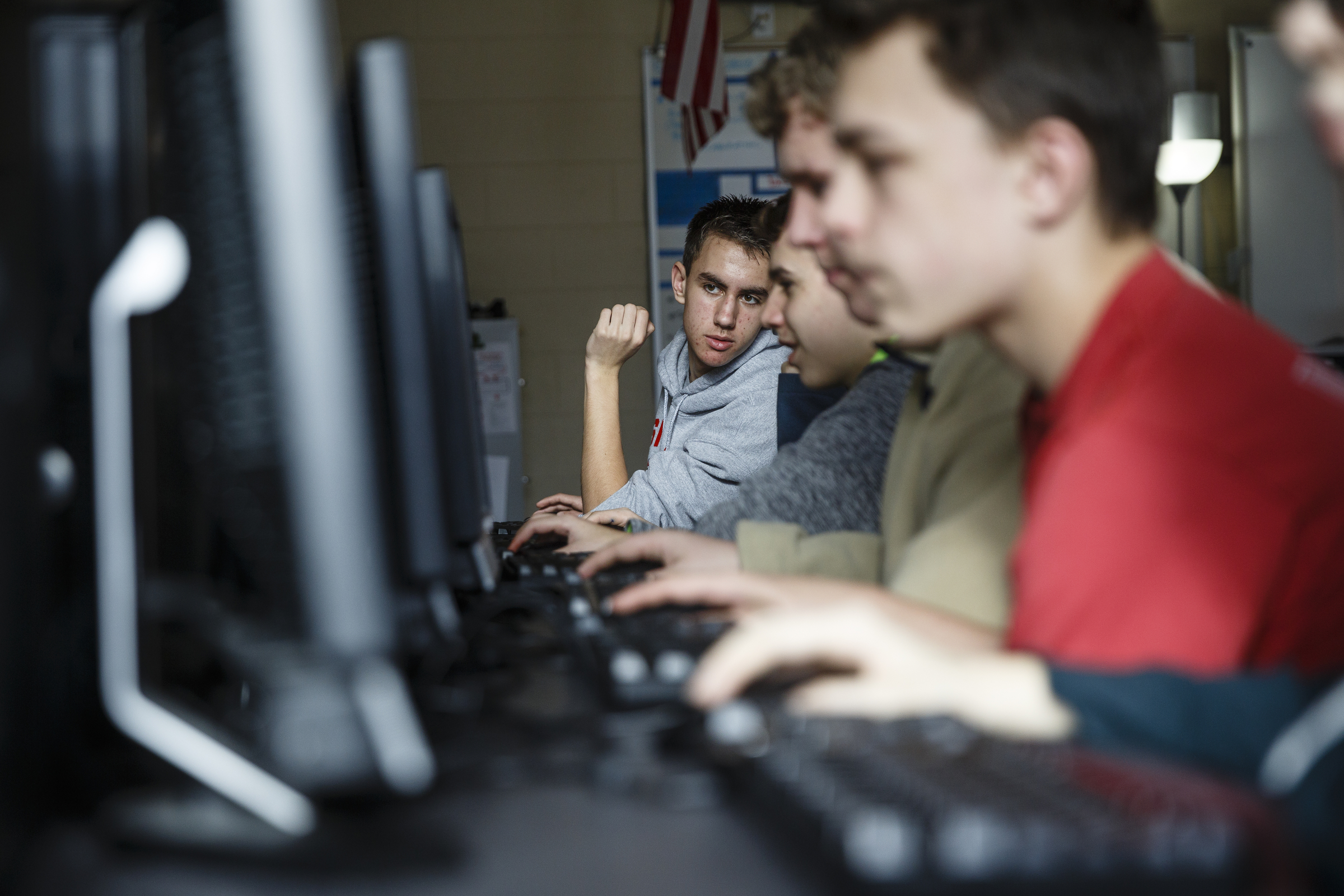 Kaleb McCallum asks a classmate a question as they use the Learning Blade program in their science class at Signal Mountain Middle High School on Thursday, Feb. 9, 2017, in Chattanooga, Tenn. Learning Blade is an online learning program geared towards STEM education for students.