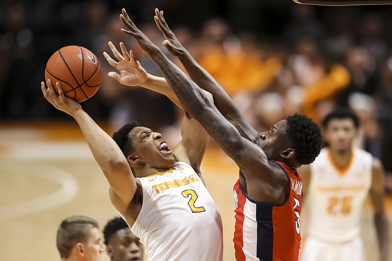 Tennessee forward Grant Williams shoots during the Vols' 77-65 win Wednesday night at Thompson-Boling Arena in Knoxville. The Vols are working to stay in the NCAA tournament bubble conversation.