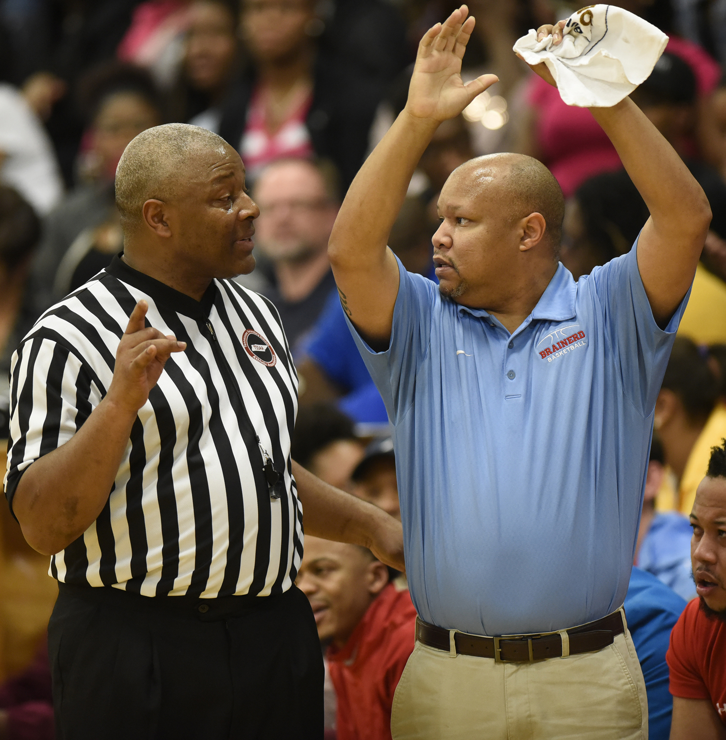 Brainerd head coach Levar Brown pleads his case to a official. The Brainerd Panthers visited the Tyner Rams in TSSAA basketball action on February 10, 2017.