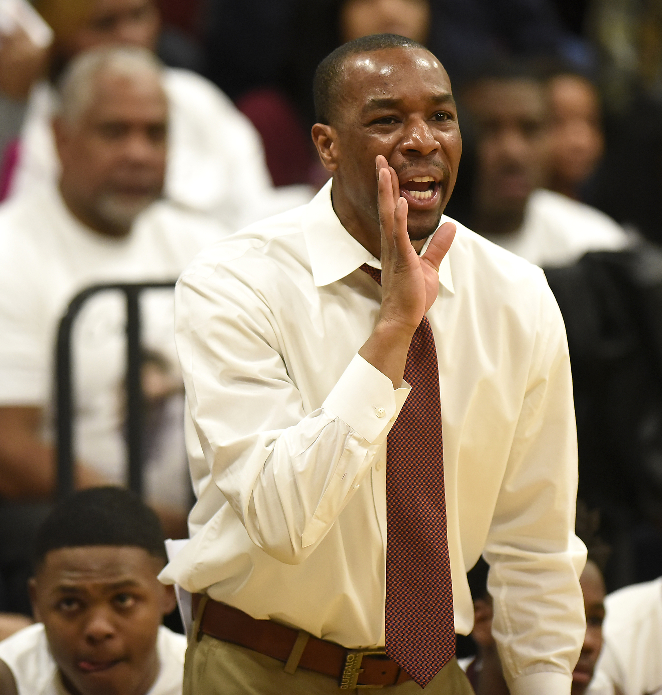 Tyner's Keitha Booker yells instructions to his team. The Brainerd Panthers visited the Tyner Rams in TSSAA basketball action on February 10, 2017.