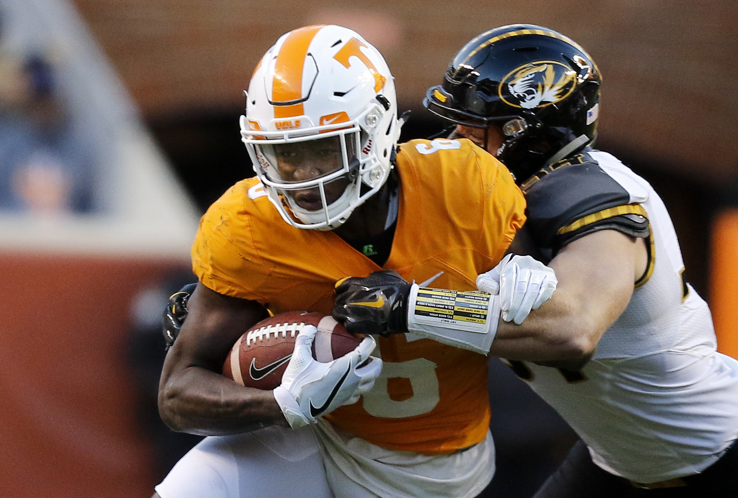Missouri linebacker Joey Burkett tackles Tennessee runningback Alvin Kamara during the Vols' home football game against the Missouri Tigers at Neyland Stadium on Saturday, Nov. 19, 2016, in Chattanooga, Tenn. Tennessee won their final home game of the season 63-37.
