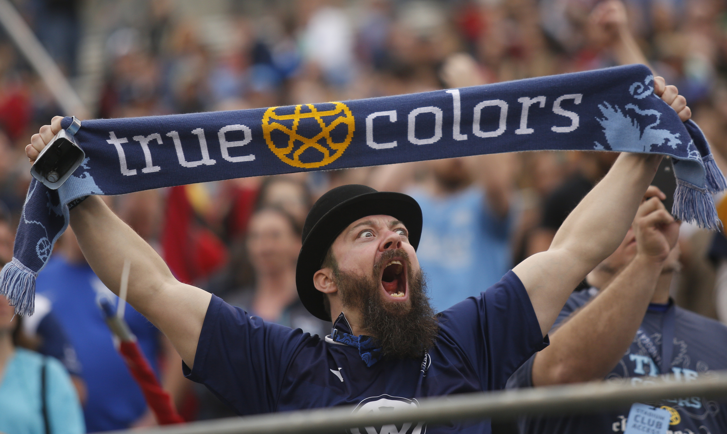 Chattahooligan Stephen Landrum cheers during Chattanooga FC's friendly match against Atlanta United FC at Finely Stadium on Saturday, Feb. 11, 2017, in Chattanooga, Tenn.