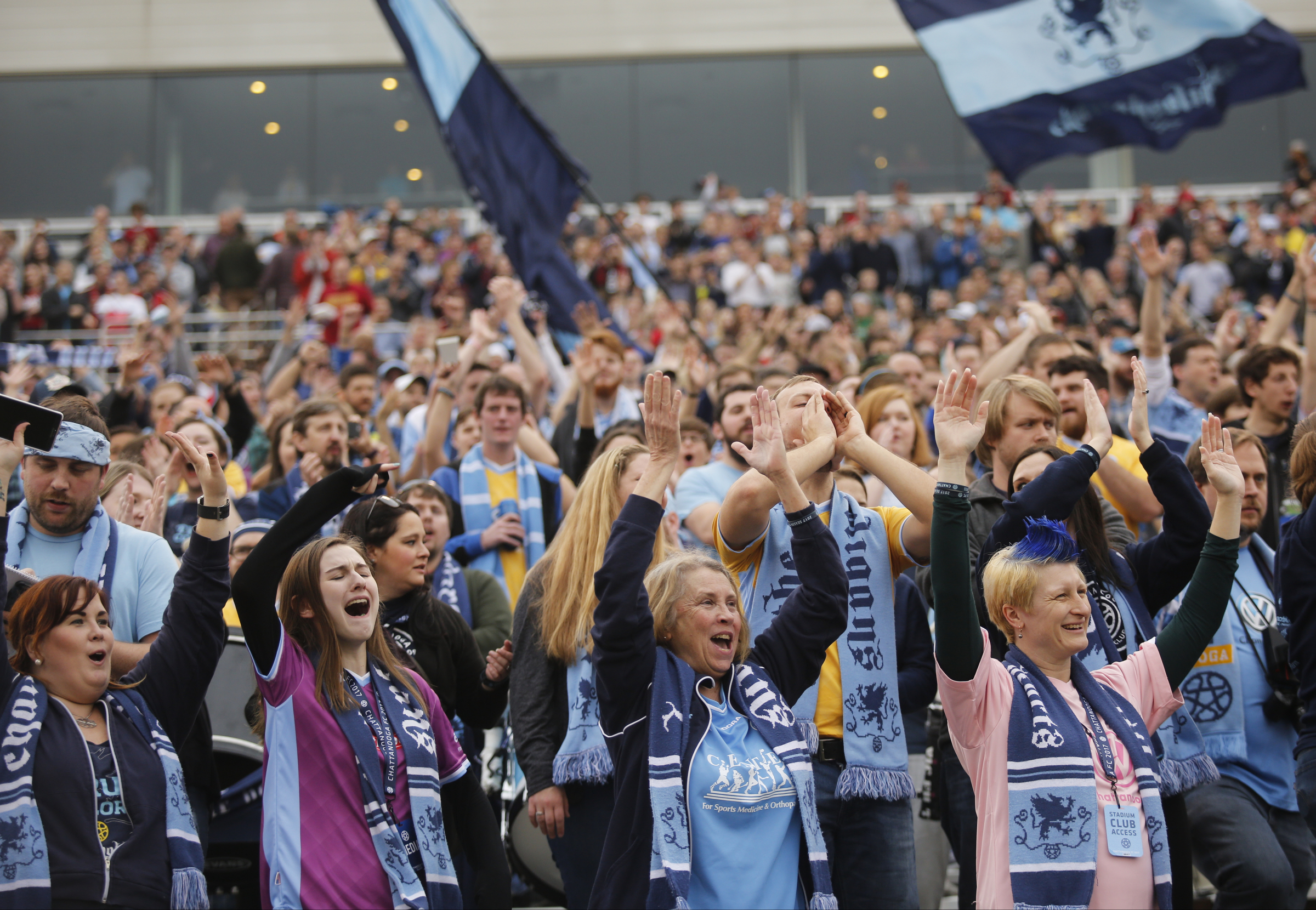 The Chattahooligans cheer during Chattanooga FC's friendly match against Atlanta United FC at Finely Stadium on Saturday, Feb. 11, 2017, in Chattanooga, Tenn.