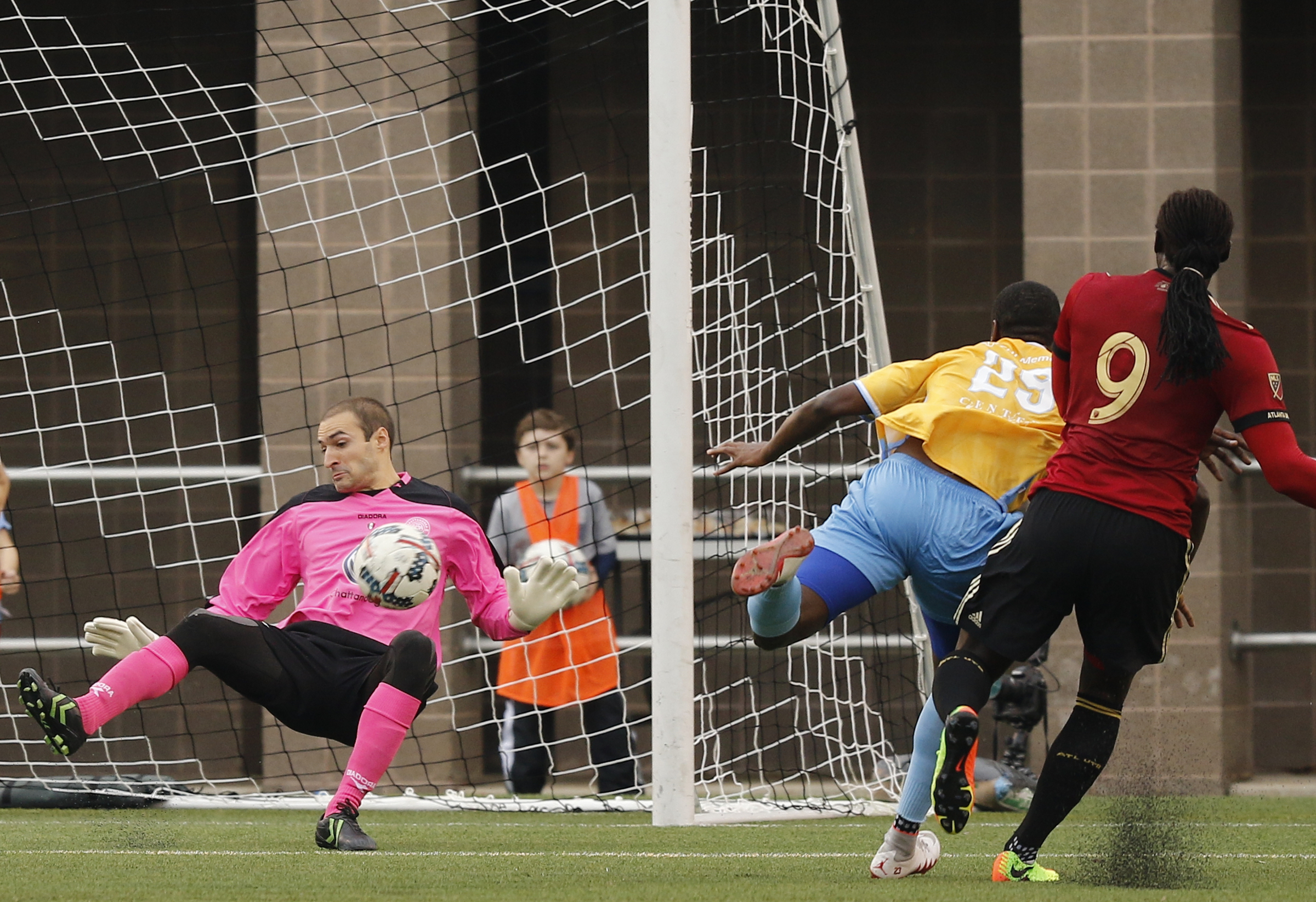 CFC goalkeeper Kyle Zobeck saves a kick on the goal during Chattanooga FC's friendly match against Atlanta United FC at Finely Stadium on Saturday, Feb. 11, 2017, in Chattanooga, Tenn.