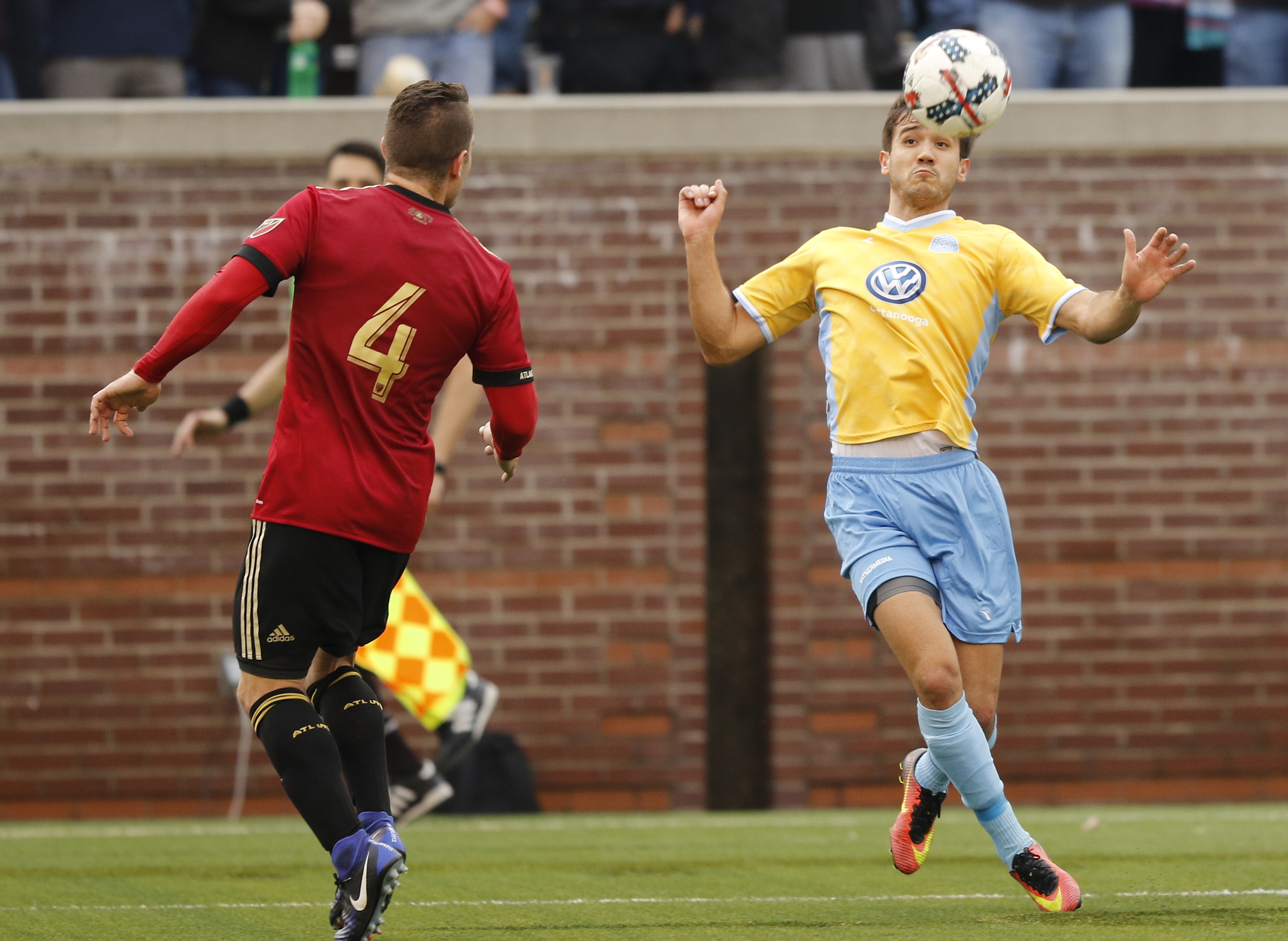 CFC's Zecca Ferraz, right, stops the ball near AUFC's Greg Garza during Chattanooga FC's friendly match against Atlanta United FC at Finely Stadium on Saturday, Feb. 11, 2017, in Chattanooga, Tenn.