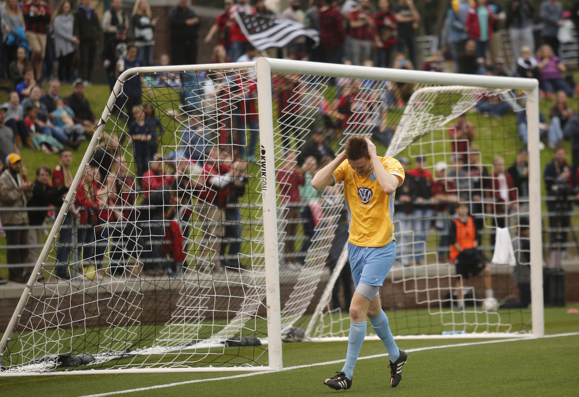 CFC's Danny Whitehall reacts to a missed shot during Chattanooga FC's friendly match against Atlanta United FC at Finely Stadium on Saturday, Feb. 11, 2017, in Chattanooga, Tenn.