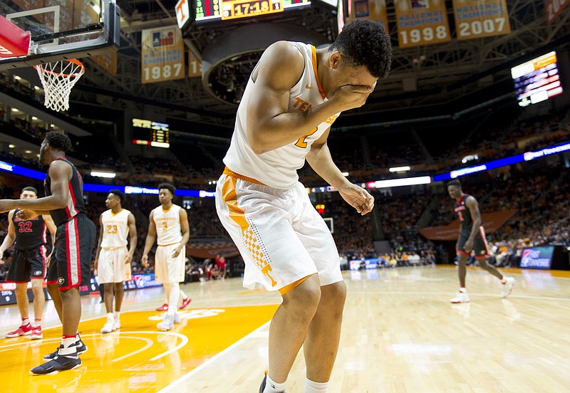 Tennessee's Grant Williams reacts after a collision during Saturday's home game against Georgia. Williams, a freshman forward, scored 30 points for the second time this season, but the Vols lost 76-75.