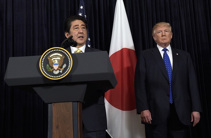 
              President Donald Trump and Japanese Prime Minister Shinzo Abe make statements about North Korea at Mar-a-Lago in Palm Beach, Fla., Saturday, Feb. 11, 2017. (AP Photo/Susan Walsh)
            