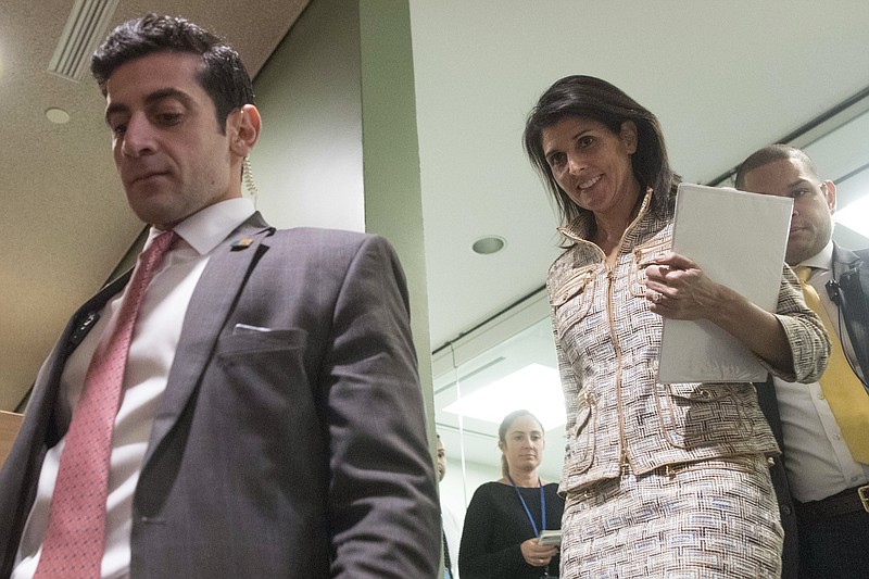 United States Ambassador to the United Nations Nikki Haley, right, arrives for a Security Council consultation on North Korea, Monday, Feb. 13, 2017, at U.N. headquarters. (AP Photo/Mary Altaffer)