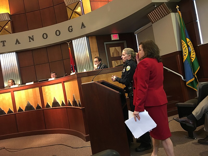 Assistant Police Chief Danna Vaughn, left, and Chattanooga Chief Operating Officer Maura Sullivan discuss police technology purchases with the City Council.