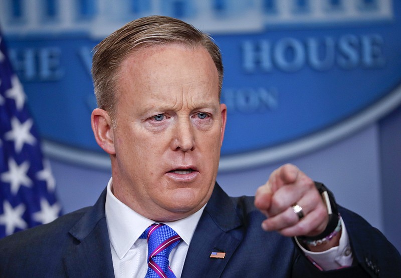 
              White House Press secretary Sean Spicer speaks to the media during the daily briefing in the Brady Press Briefing Room of the White House in Washington, Tuesday, Feb. 14, 2017. (AP Photo/Pablo Martinez Monsivais)
            
