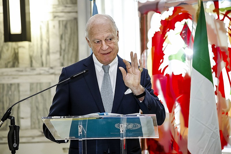 
              United Nations Special Envoy for Syria Staffan de Mistura speaks after a meeting with Italian Foreign Minister Angelino Alfano at the Farnesina Palace foreign office, in Rome, Wednesday, Feb. 15, 2017. (Giuseppe Lami/ANSA via AP)
            