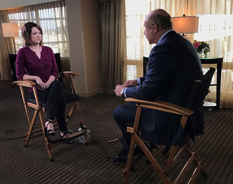 
              In this Feb. 2, 2017 photo provided by CBS, host Phillip McGraw, right, talks with Kala Brown, the 30-year-old woman from South Carolina who was kidnapped with her boyfriend in August 2016, for an interview on his television show, "Dr. Phil," in Los Angeles. This week’s episodes mark the first time she’s talked publicly since her Nov. 3 rescue. The CBS two-part "Dr. Phil" episodes air Monday, Feb. 13th and Tuesday, Feb. 14th. (CBS via AP)
            