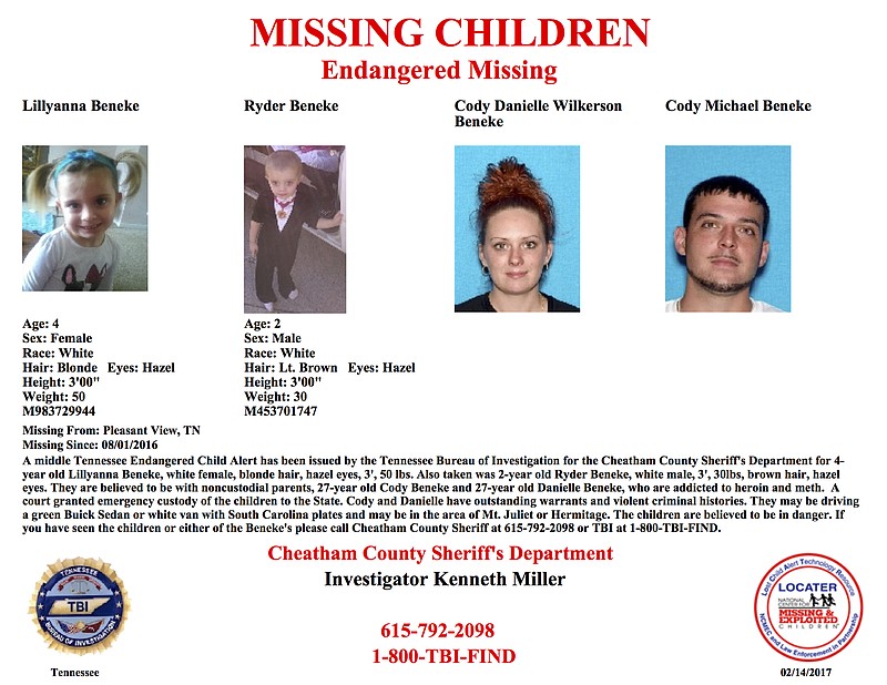 An Endangered Child Alert has been issued for 4-year-old Lillyanna Beneke and 2-year-old Ryder Beneke by the TBI for the Cheatham County (Tenn.) Sheriff's Department. (Tennessee Bureau of Investigation)