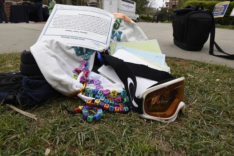 A 2016 display of backpacks and other items on the University of Tennessee at Chattanooga campus was placed to draw attention to the subject of suicide among college students.