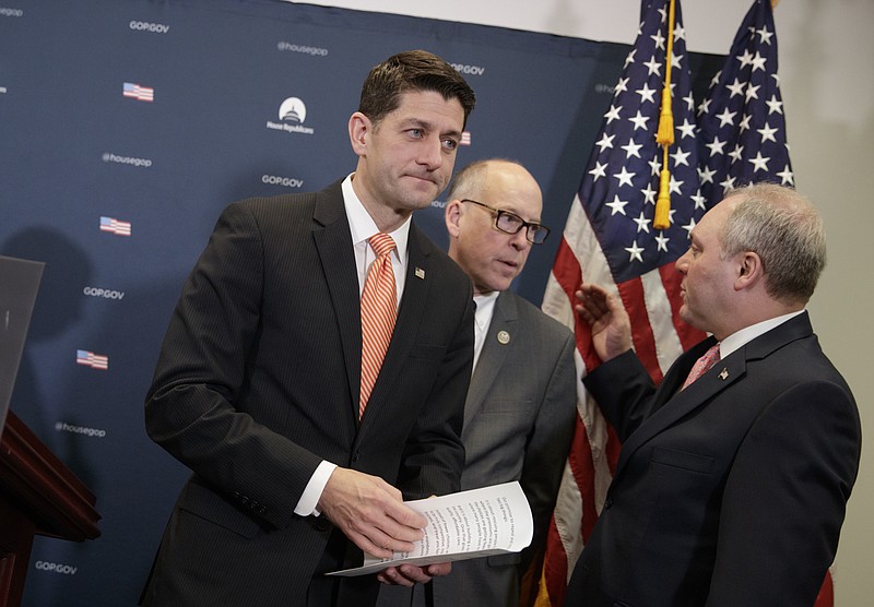 House Speaker Paul Ryan of Wis., joined by House Majority Whip Steve Scalise of La., right, and Rep. Greg Walden, R-Ore., departs a news conference on Capitol Hill in Washington, Tuesday, Feb. 14, 2017. (AP Photo/J. Scott Applewhite)