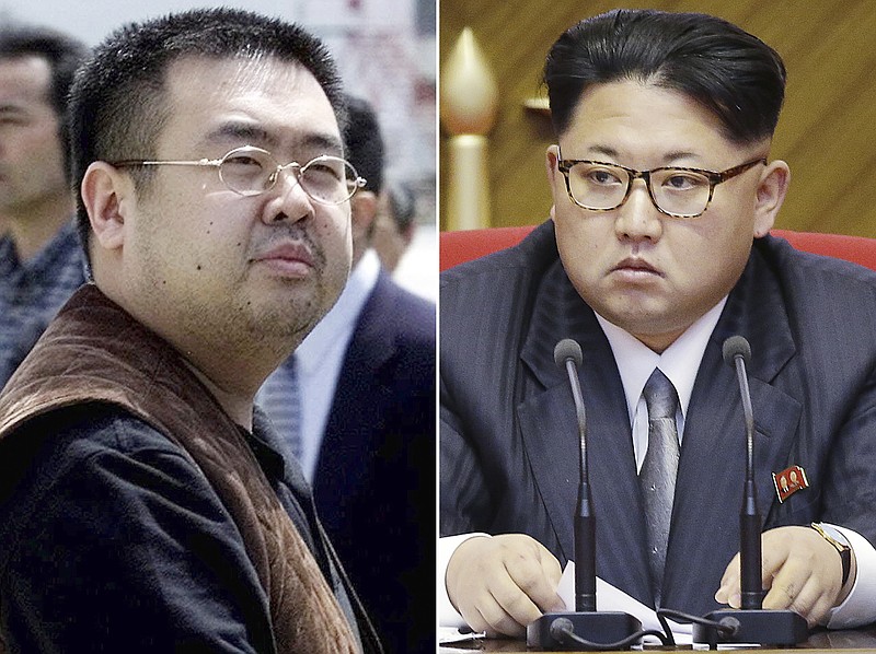 
              FILE - This combination of file photos shows Kim Jong Nam, left, exiled half-brother of North Korea's leader Kim Jong Un, in Narita, Japan, on May 4, 2001, and North Korean leader Kim Jong Un on May 9, 2016, in Pyongyang, North Korea. Kim Jong Nam, 46, was targeted Monday, Feb. 13, 2017, in a shopping concourse at Kuala Lumpur International Airport, Malaysia, and died on the way to the hospital, according to a Malaysian government official. (AP Photos/Shizuo Kambayashi, Wong Maye-E, File)
            