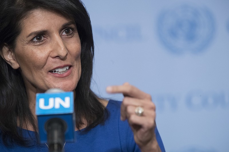 
              United States Ambassador to the United Nations Nikki Haley speaks to reporters after a Security Council meeting on the situation in the Middle East, Thursday, Feb. 16, 2017 at U.N. headquarters. The United Nations and the Arab League on Thursday issued a joint statement in support of the establishment of a Palestinian state. (AP Photo/Mary Altaffer)
            