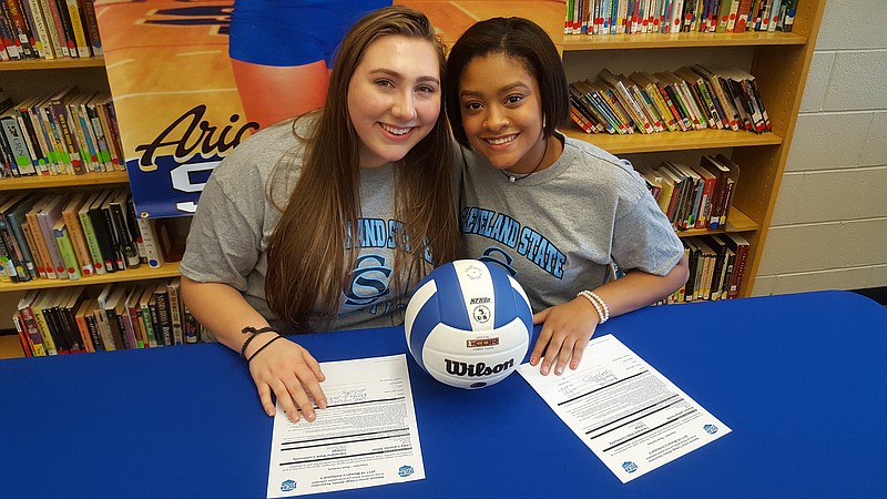 Libby Smith of Berean Academy, left, and Ariana Smith of Sale Creek on Friday became the first signees for Cleveland State's recently announced volleyball program.