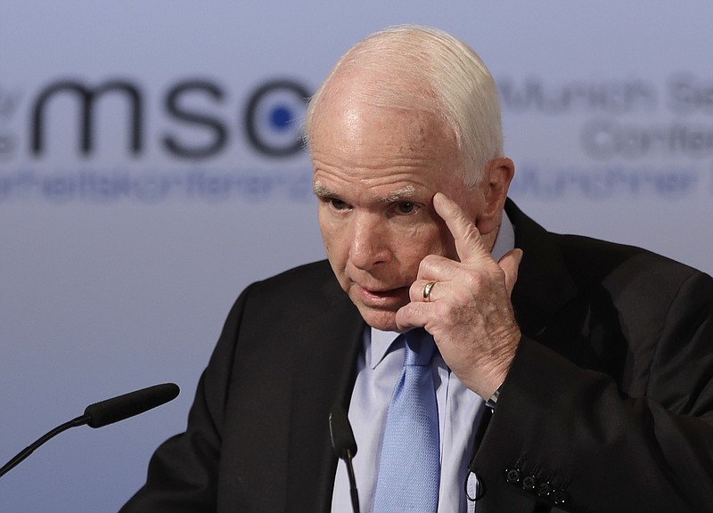 
              Senator John McCain, R-Ariz., speaks during the Munich Security Conference in Munich, southern Germany, Friday, Feb. 17, 2017. The annual weekend gathering is known for providing an open and informal platform to meet in close quarters. (AP Photo/Matthias Schrader)
            