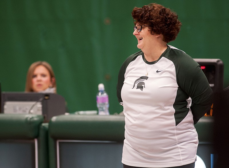 
              In this Feb. 19, 2016 photo, Michigan State University gymnastics head coach Kathie Klages reacts during the womens gymnastic's meet against Illinois at Jenison Field House in East Lansing, Mich. Klages says she's retiring immediately, Tuesday, Feb. 14, 2017, a day after the school announced her suspension. Klages has been coach for nearly 30 years. Her name has surfaced in lawsuits by female athletes who accuse a Michigan State sports doctor, Larry Nassar, of sexually abusing them during treatments. (Sundeep Dhanjal/The State News via AP)
            