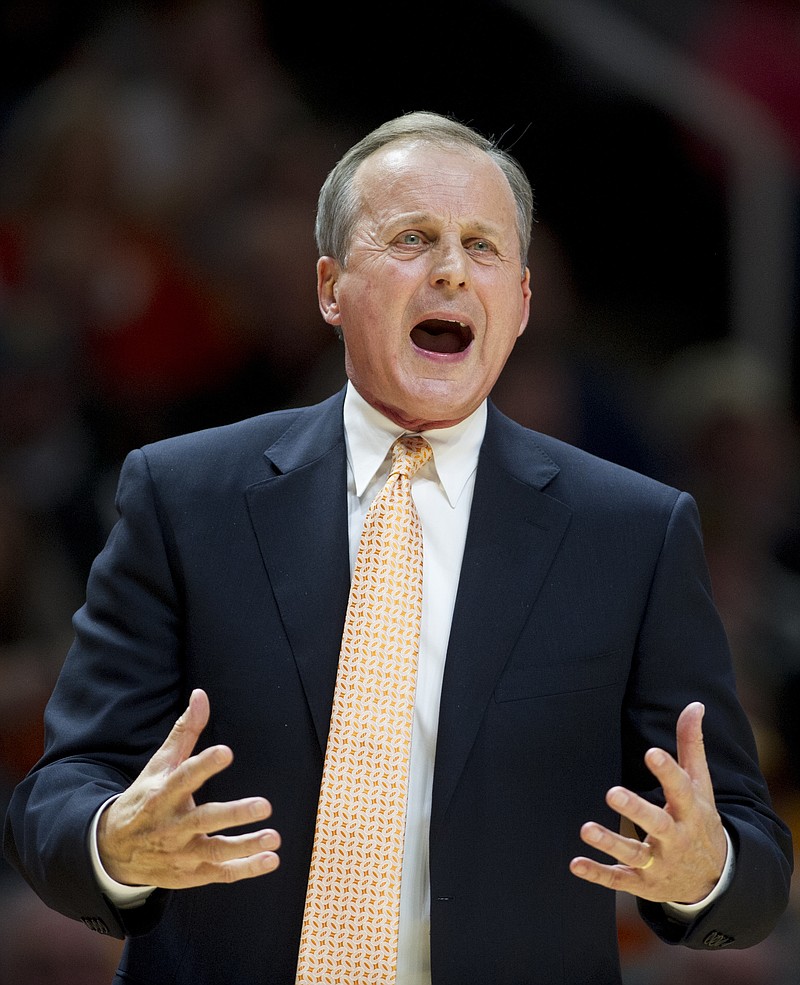 Tennessee Head Coach Rick Barnes calls out during an NCAA college basketball game against Tennessee at Thompson-Boling Arena in Knoxville, Tenn., on Saturday, Feb 18, 2017. Tennessee won 90-70. (Calvin Mattheis/Knoxville News Sentinel via AP)