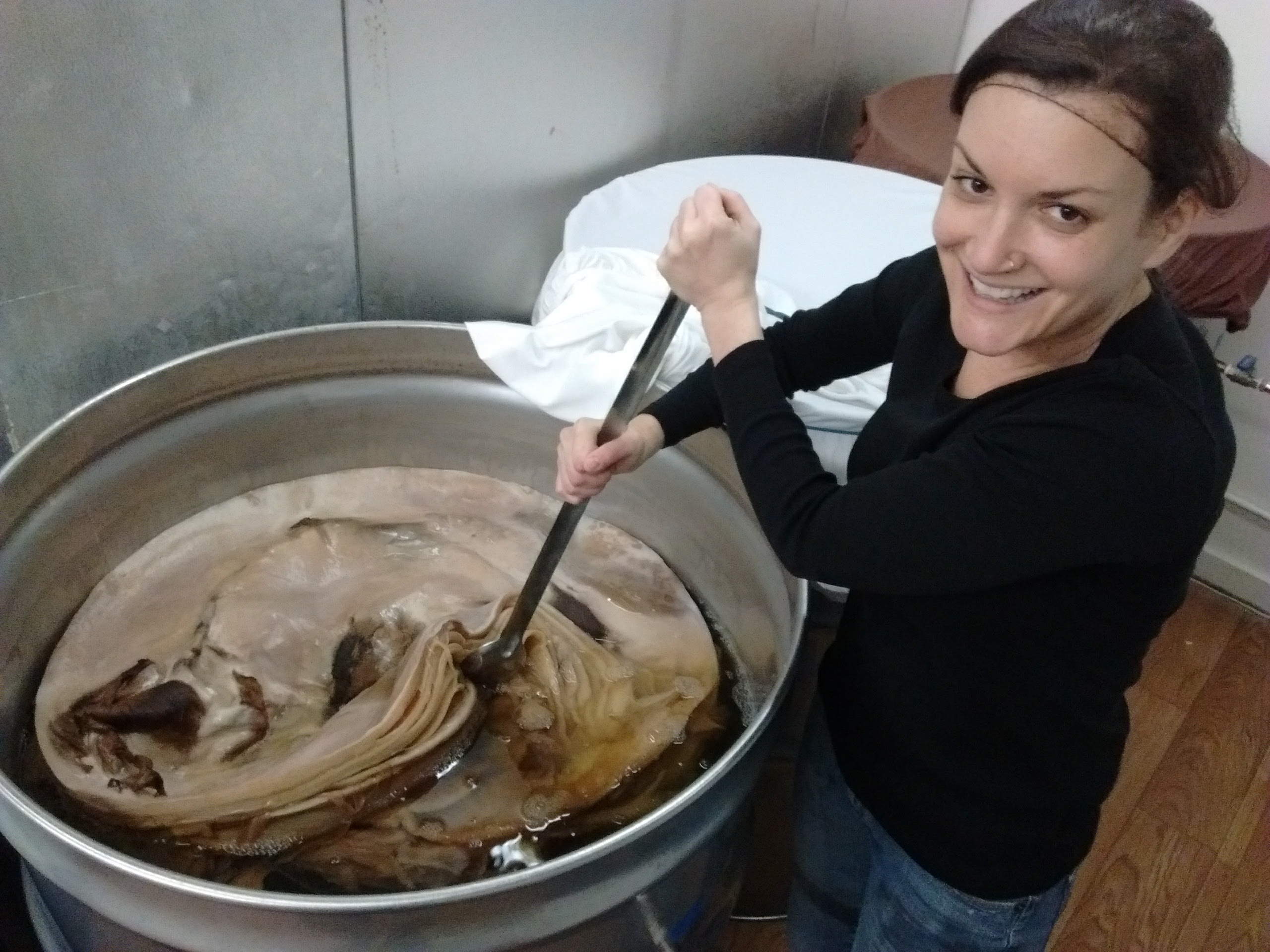 Karen Atchley shows a SCOBY, which stands for a symbiotic colony of bacteria and yeast inside a 110-gallon, stainless steel barrel. The SCOBY is a blobby, leathery, gelatinous disk that floats inside the barrel. Its yeast consumes sugar in the tea and produces alcohol, and the SCOBY's bacteria consumes alcohol to produce organic acids thought to aid human digestion.