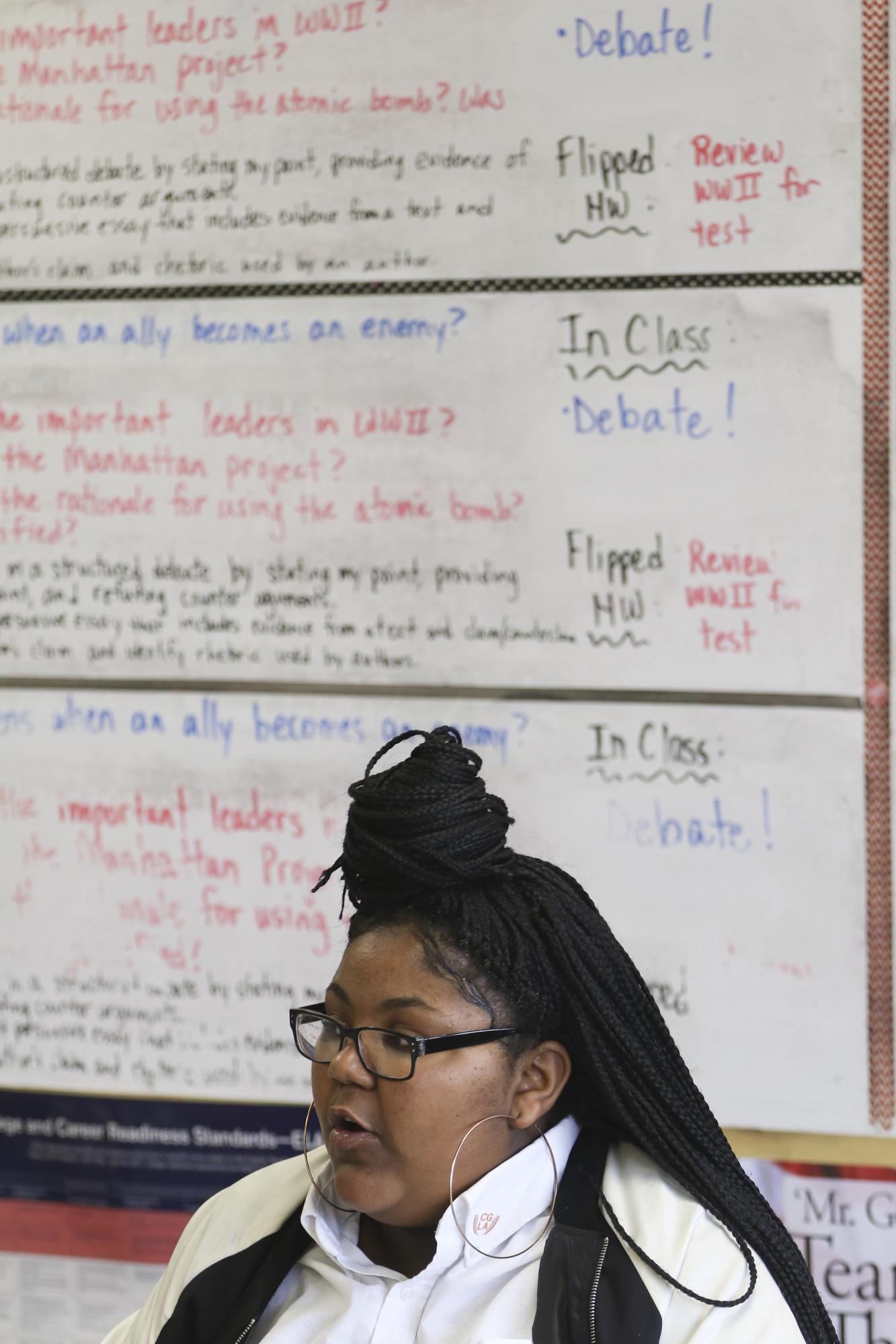 Staff Photo by Dan Henry / The Chattanooga Times Free Press- 2/20/17. Eriel Sales and other Chattanooga Girls Leadership Academy 10th and 11th grade students discuss the movie Hidden Figures on February 20, 2017 that they attended instead of being off for Presidentճ day like the rest of the county.