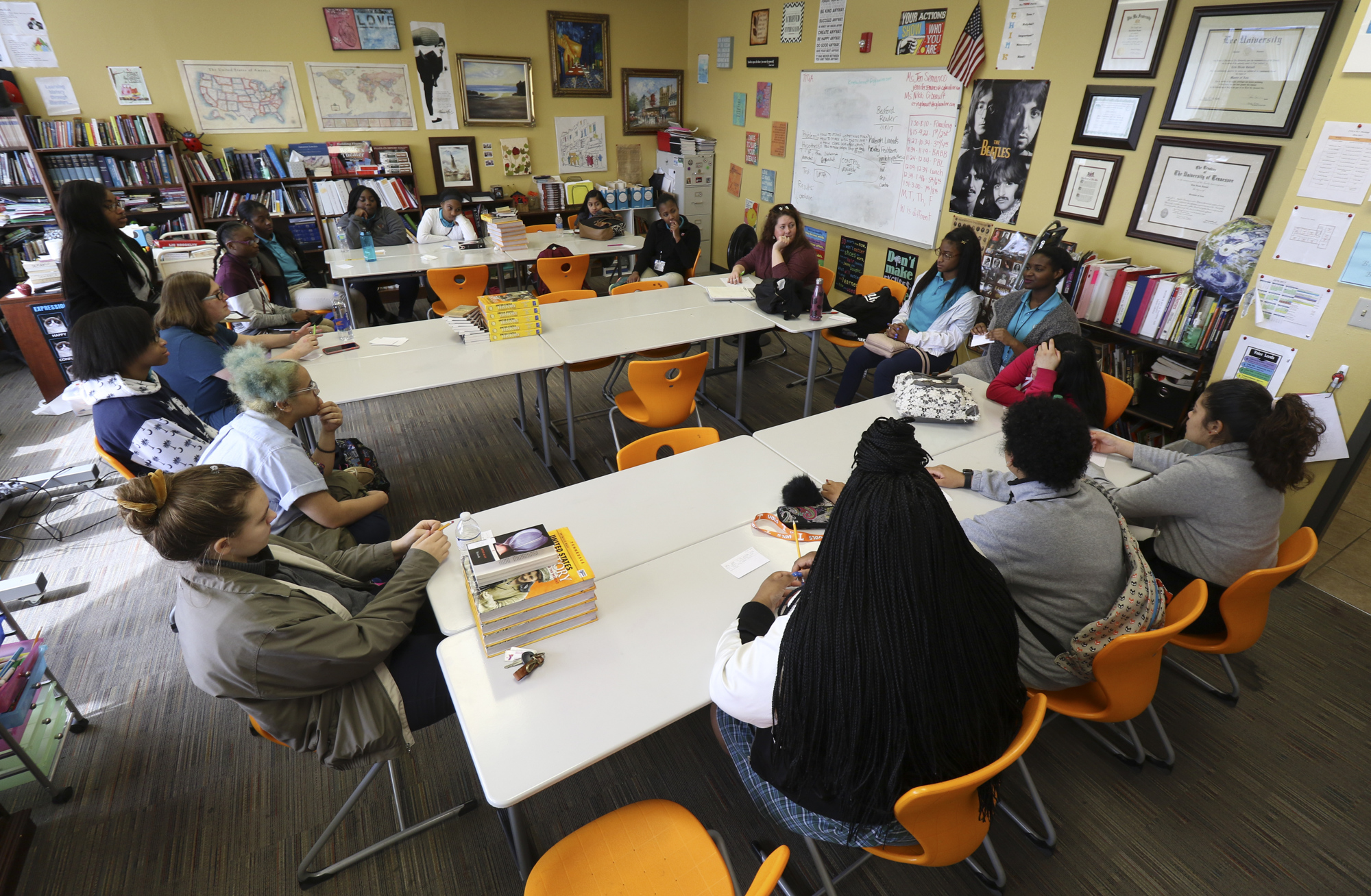 Staff Photo by Dan Henry / The Chattanooga Times Free Press- 2/20/17. Chattanooga Girls Leadership Academy 10th and 11th grade students discuss the movie Hidden Figures on February 20, 2017 that they attended instead of being off for Presidentճ day like the rest of the county.