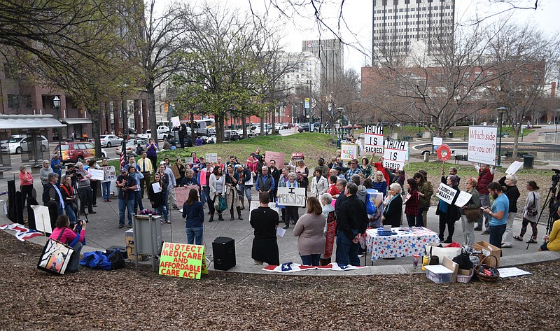 A crowd gathers during a Welcome Home for Recess Rally across from the Joel Solomon Federal Building Monday, Feb. 20, 2017 in Miller Park. Recess Coalition for Chattanooga is calling for politicians to meet with their constituents.
