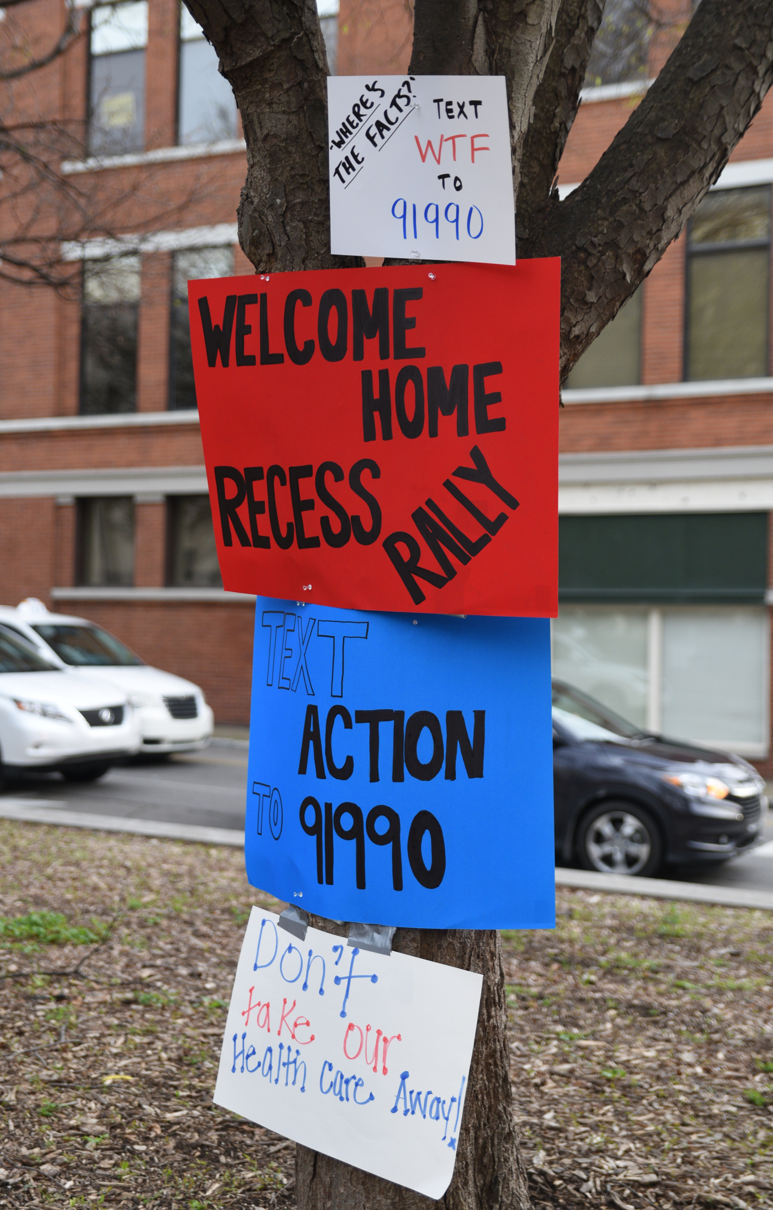 Signs fill a tree Monday Feb. 20, 2017 in Miller Park during a rally. Recess Coalition for Chattanooga is calling for politicians to meet with their constituents.