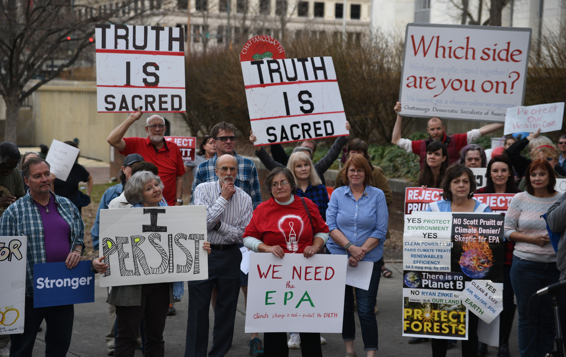 A crowd gathers during a Welcome Home for Recess Rally across from the Joel Solomon Federal Building Monday Feb. 20, 2017 in Miller Park. Recess Coalition for Chattanooga is calling for politicians to meet with their constituents.