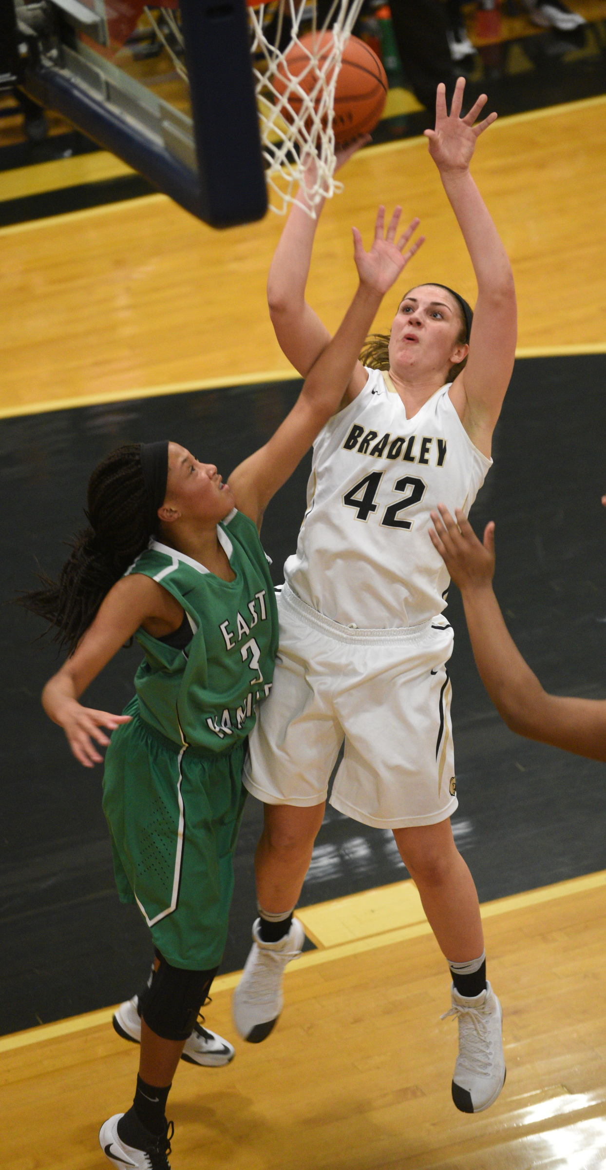 Bradley Central's Kailey McRee shoots as East Hamilton's Dezah Lacy guards Monday, Feb. 20, 2017 at Soddy-Daisy High School.