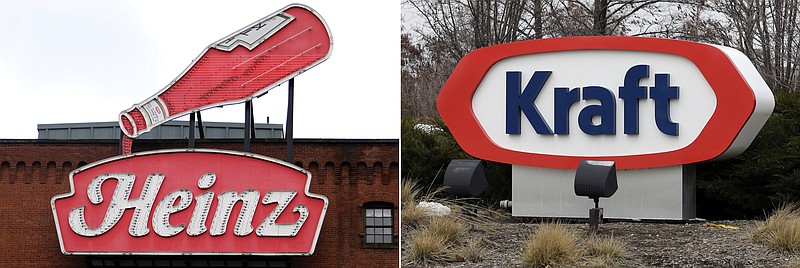 
              FILE - At left, in a March 25, 2015, file photo, a Heinz ketchup sign is shown on the side of the Senator John Heinz History Center in Pittsburgh. At right, also in a March 25, 2015, file photo, the Kraft logo appears outside of their headquarters in Northfield, Ill. U.S. food giant Kraft Heinz Co. is confirming that it's made an offer to buy Europe's Unilever and been rejected. The company said Friday, Feb. 17, 2017, that talks are ongoing with the Dutch company, but that no deal can be assured. (AP Photo/File)
            