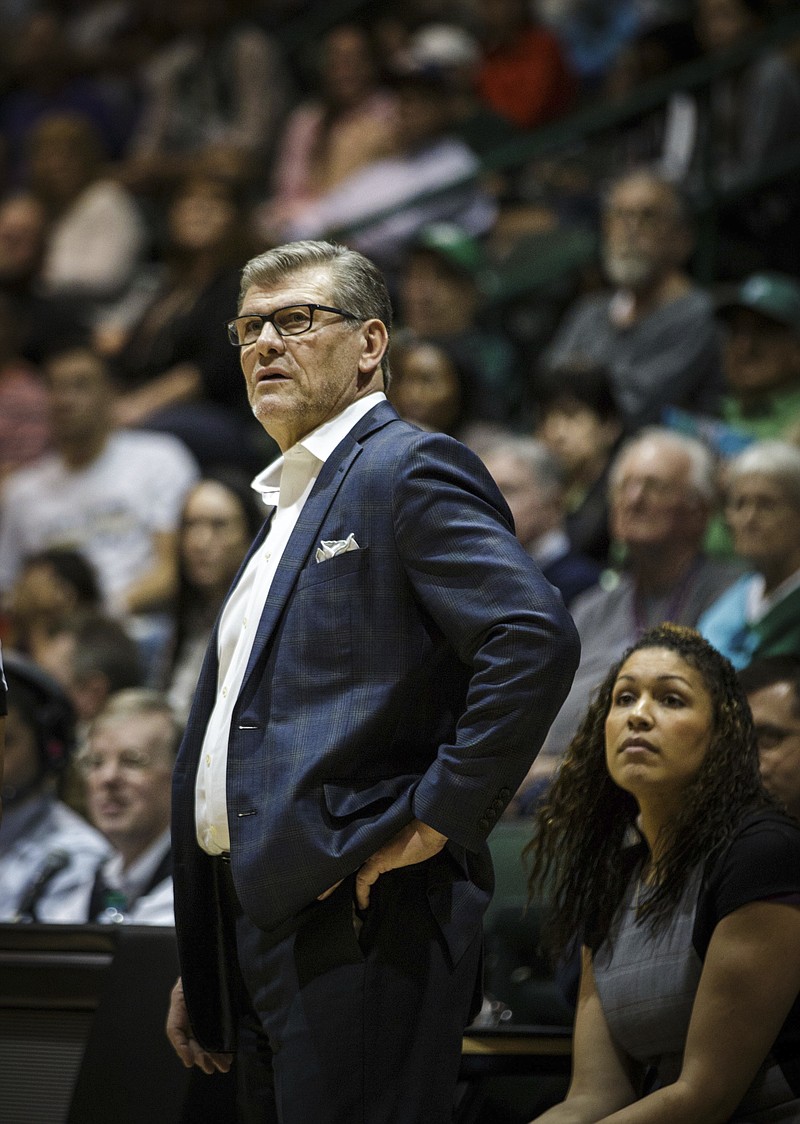 
              Connecticut coach Geno Auriemma stands on the sideline during the second half of the team's NCAA college basketball game against Tulane in New Orleans, Saturday, Feb. 18, 2017. (AP Photo/Sophia Germer)
            